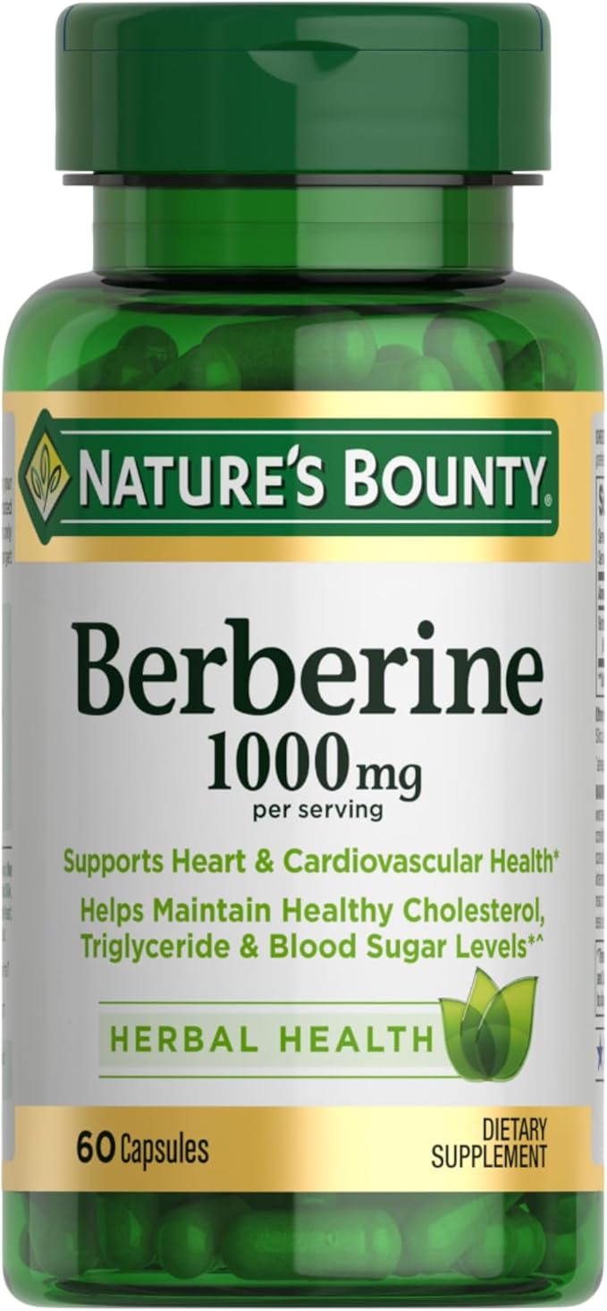 Nature’s Bounty Berberine 1000mg Capsules, Supports Heart Health, Cholesterol & Blood Sugar Levels in a Normal Range, Non-GMO Supplement, 60 Count