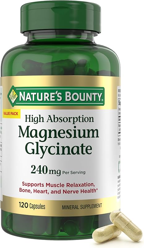 Nature’s Bounty High Absorption Magnesium Glycinate 240 mg for Supporting Muscle Relaxation and Bone, Heart & Nerve Health – Non-GMO, Gluten-Free, Vegetarian, 120 Count/60 Servings