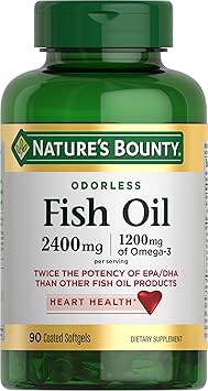 Nature's Bounty Odorless Fish Oil, 1200mg Omega-3 per Serving Including EPA & DHA, Supports Heart Health, Purified to Eliminate Mercury, Coated Softgels, Gluten Free, No Shellfish, 90 Ct